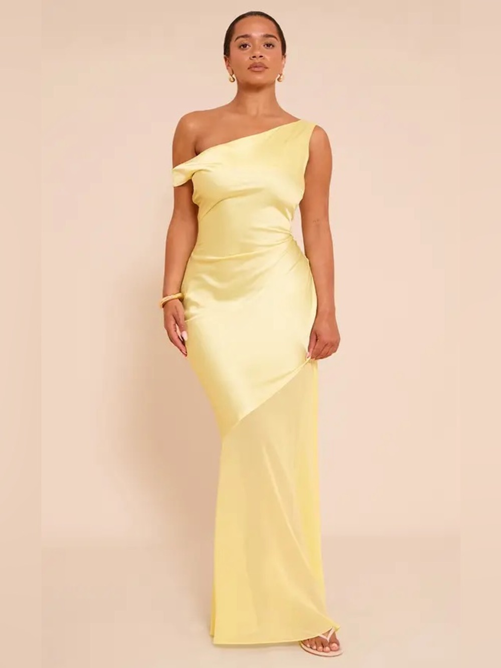 NWT PLT Shape Pale Yellow Satin off the Shoulder Sheer Hem Maxi Dress